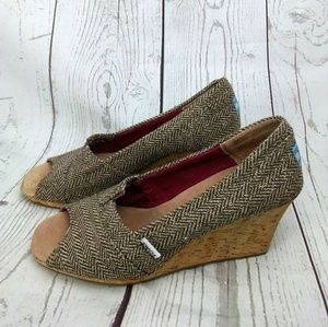 Toms Herringbone Cork Wedge Heels 9.5